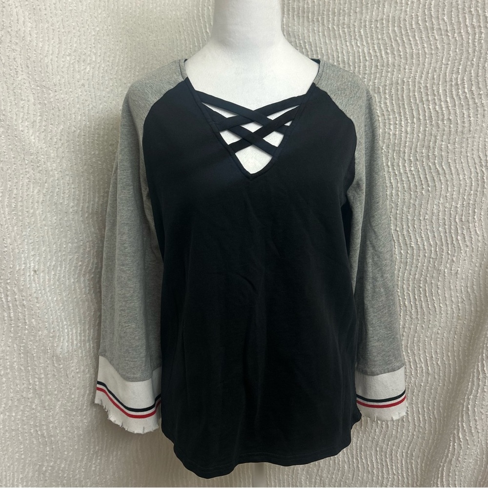 Very J Women’s Top Size Large Black with Grey Sleeves & Striped Cuffs